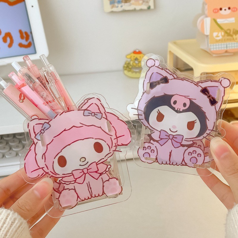 ที่ใส่ปากกาอะคริลิคการ์ตูนน่ารัก Sanrio Hello Kitty Kuromi My Melody โปร่งใสเครื่องประดับจัดเก็บอเนกประสงค์นักเรียนเครื่องเขียนอุปกรณ์