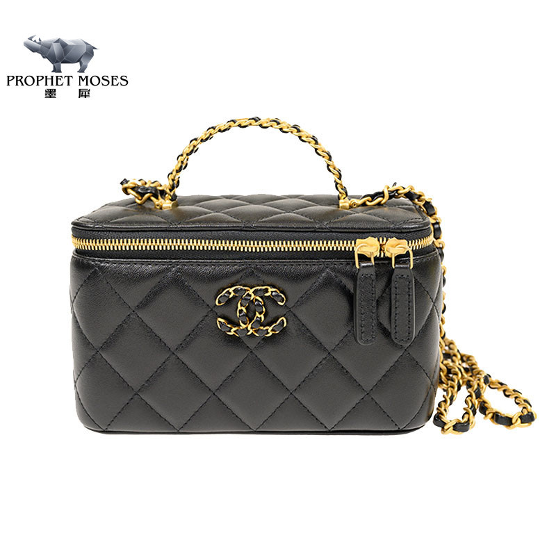 Moxi Chanel/Chanel Women's Bag Box Mini Single Shoulder Crossbody Handbag Black Sheepskin Gold Button AP3663