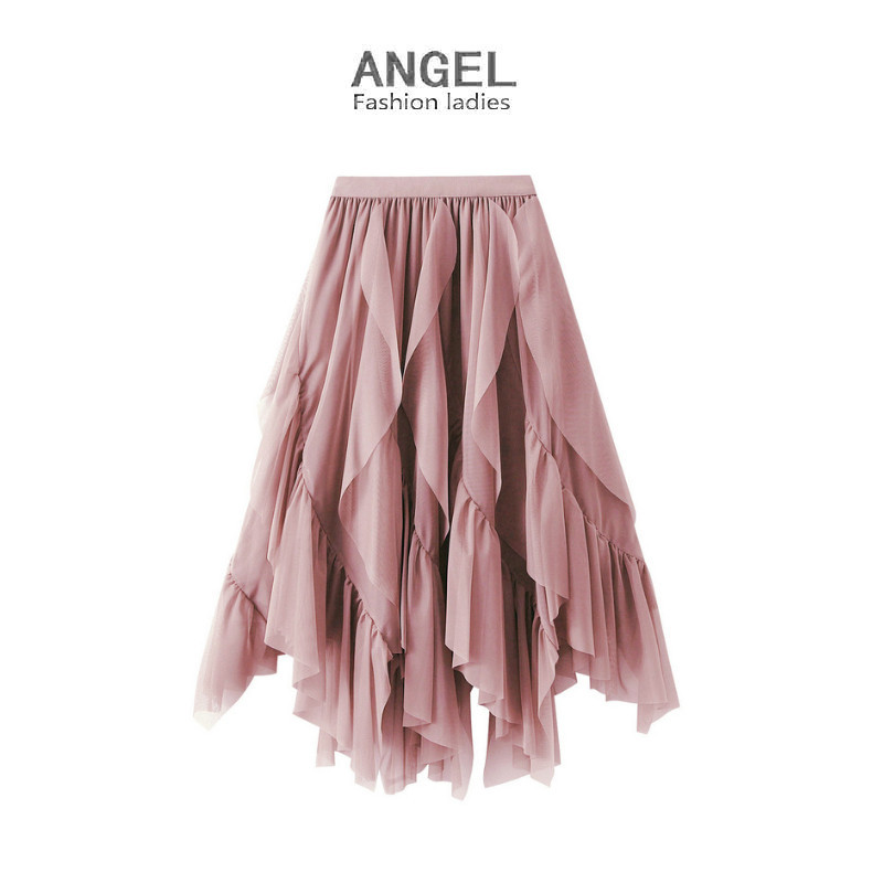 [5 สี]angel แฟชั่นกระโปรงมิดิของผู้หญิง หน้าแปลนตาข่ายสีทึบเกาหลียืดหยุ่นสีชมพูเอวสูง ก-เส้น ไม่สม่ําเสมอบางขนาดใหญ่แกว่งตูกระโปรงทูลกระโปรงเค้กยาวส