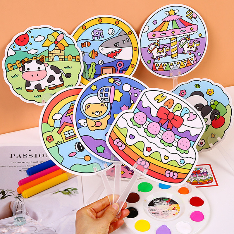 Creative Blank รูปแบบการ ์ ตูนพัดลมมือฤดูร ้ อนวาดด ้ วยมือ DIY Graffiti พัดลมขนาดเล ็ ก