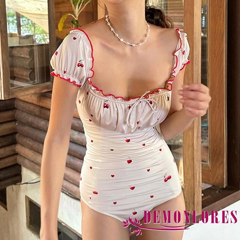 Demonlores-ชุดบอดี้สูทผู้หญิงแขนสั้นbackless Cherry Printชุดว่ายน้ําฤดูร้อน