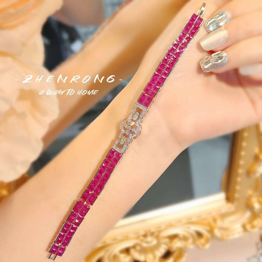 Retro T Square Full Diamond Red Bracelet สร ้ อยข ้ อมือสองแถวหญิง