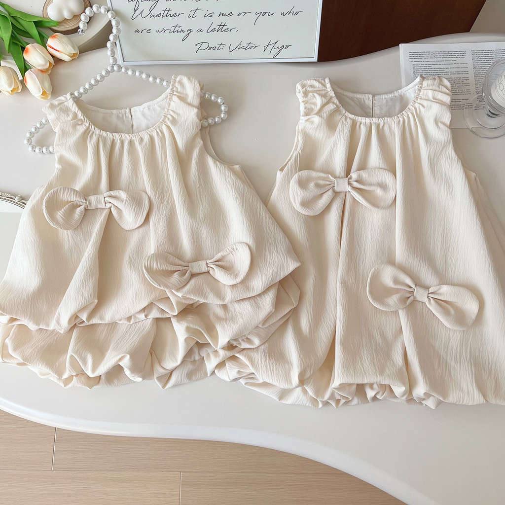 ฤดูร ้ อนหวานเด ็ กผู ้ หญิงสีเบจสีกุทัณฑ ์ bud กระโปรงแขนกุดชุด sundress/vest +shorts ชุดเสื ้ อผ ้ า