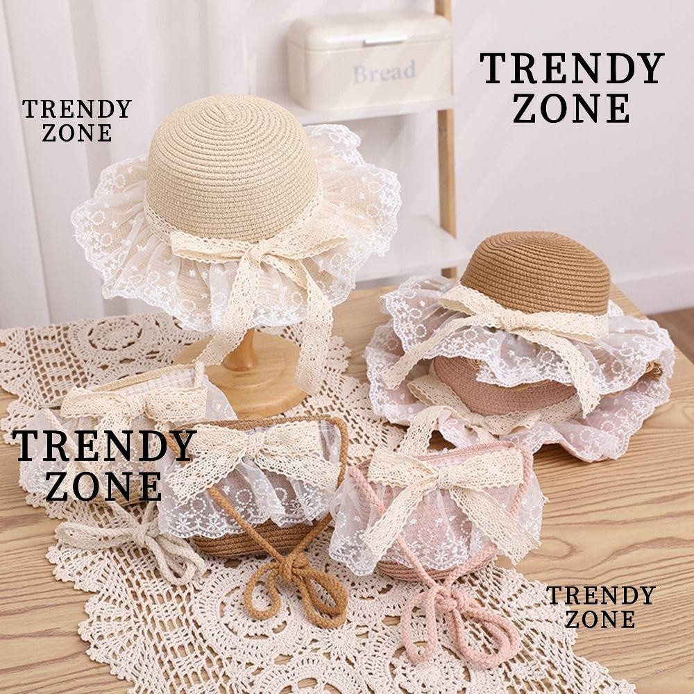 Trendyzone หมวกฟาง, หมวกกันแดดชายหาดปีกกว้างลูกไม้, หมวกฟางแฟชั่น Bowknot Beach Bucket Cap ฤดูร้อนสําหรับเด็ก
