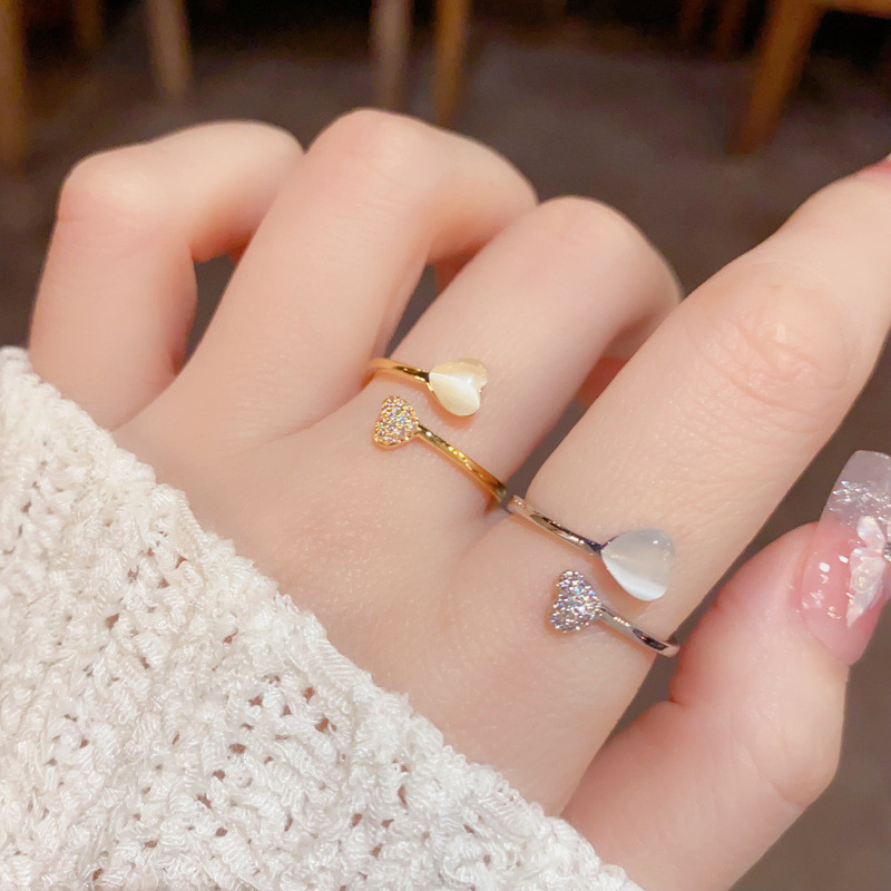 French Light Luxury Cat 's Eye Zircon Heart Design แหวนเปิดที ่ ไม ่ ซ ้ ํากันประณีต