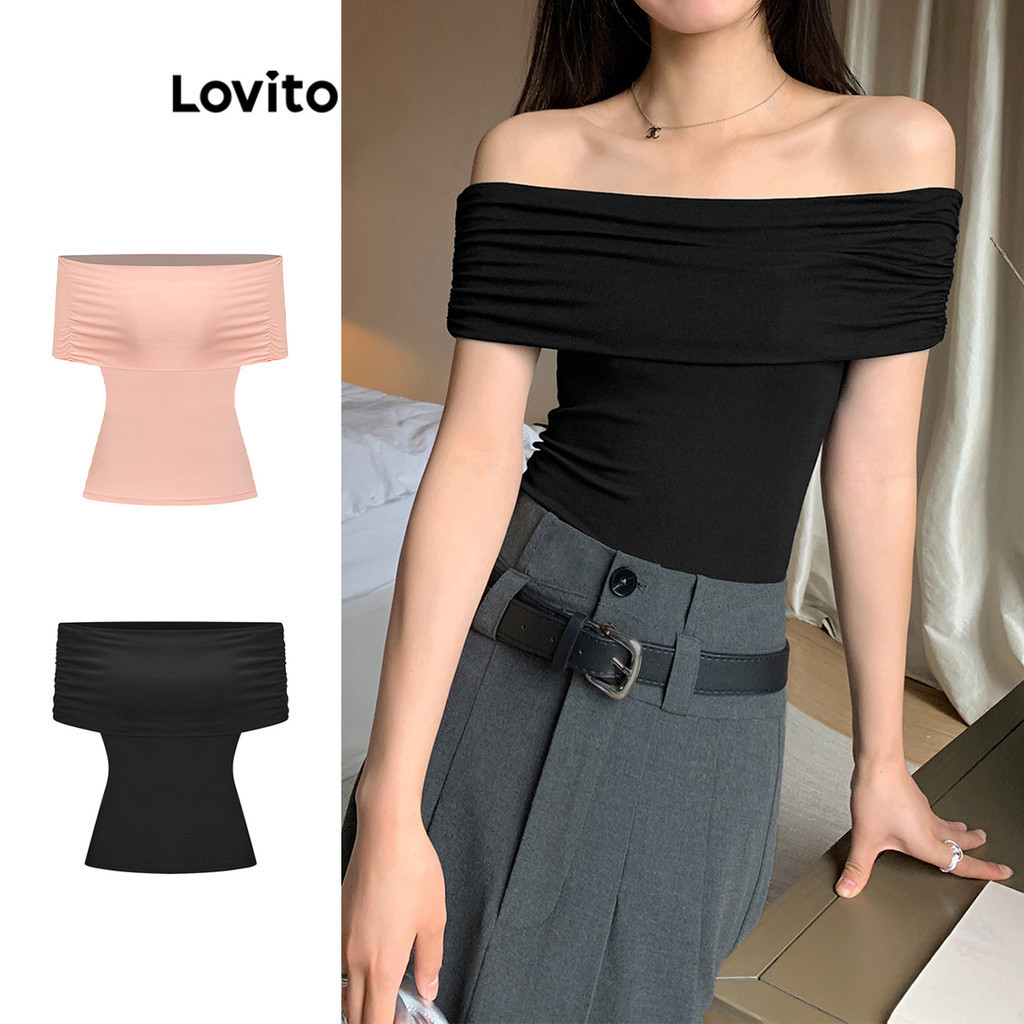 Lovito เสื้อยืดผู้หญิง แขนสั้น สีพื้น จับจีบ สไตล์ลำลอง L64AD022 (หลากสี)