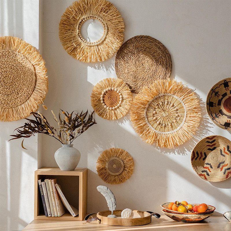 Juhan สไตล์ญี่ปุ่น Raffia Handmade ฟางเครื่องประดับ Entrance Wall ตกแต่ง B & B พื้นหลังแขวนผนังตกแต่งสไตล์เงียบ