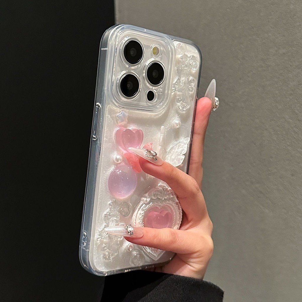 3d หรูหราสีชมพูผีเสื ้ อ GEM อัญมณีนุ ่ ม HP iP iPhone X XR XS Max 11 12 13 14 15 Pro Max กรณีผู ้ หญิงแฟชั ่ น Clear