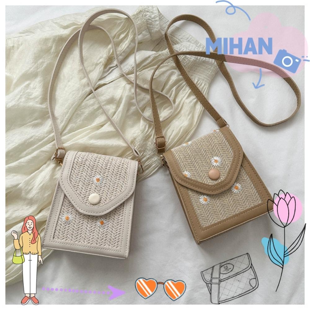 Mh Straw Plaited Phone Bag, Straw Dacron Embroidery Bag, Little Daisy Shoulder Crossbody Bag