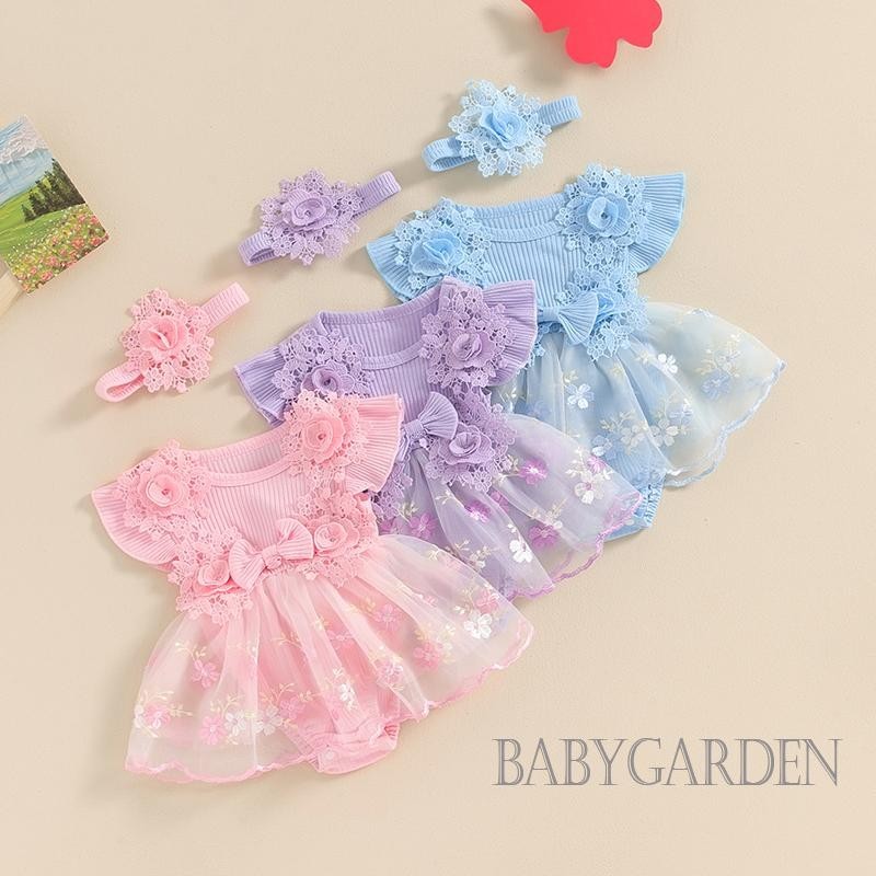 Bga-infant เด ็ กทารกชุดฤดูร ้ อน Fly Sleeve ดอกไม ้ ปัก Tulle Romper ชุดพร ้ อมแถบคาดศีรษะ