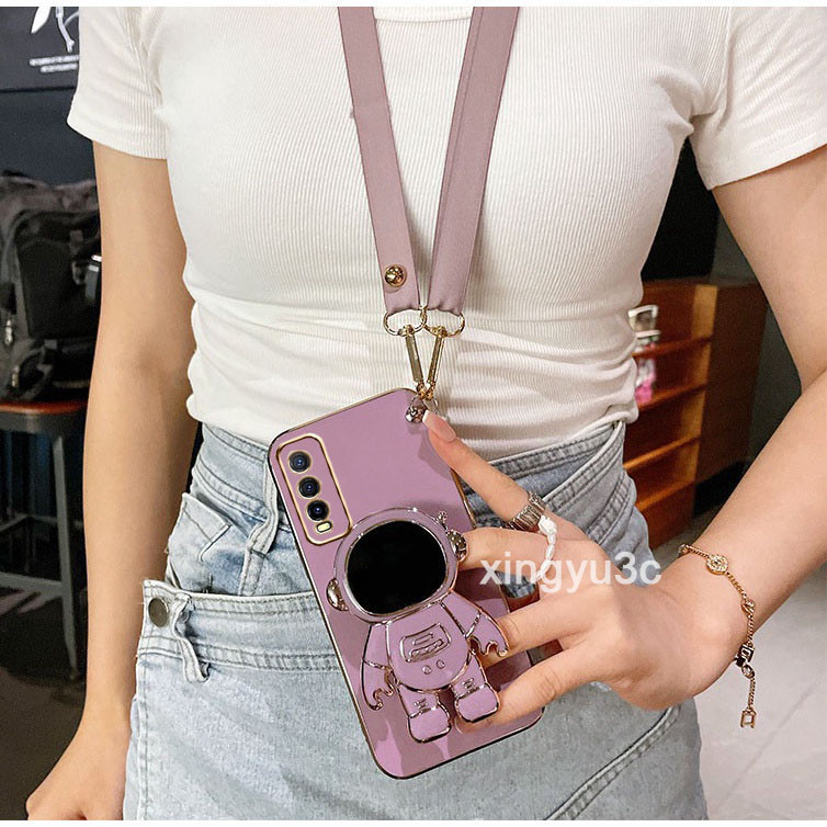 เคส สายคล้องคอ vivo y20 y20s y12s y20i y12a รูปร่างนักบินอวกาศชุบกรณีโทรศัพท์ที่มีวงเล็บหมุน 360 องศ