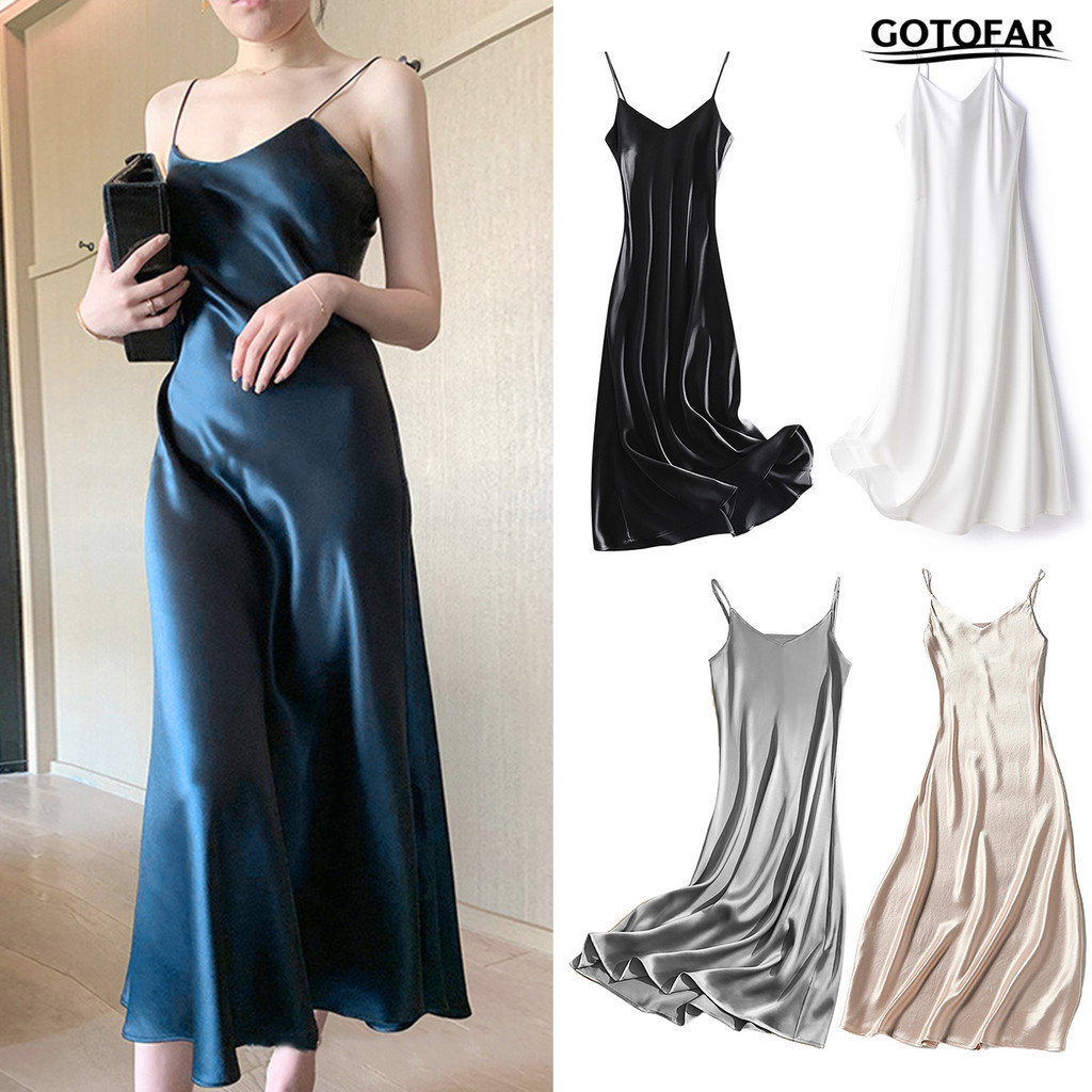 [GTF.z ]ชุดราตรีผู้หญิงตัดต่ําVคอสีทึบสายสปาเก็ตตี้Backless Dress-upแขนกุดซาตินงานแต่งงานmidiชุดladyเสื้อผ้า