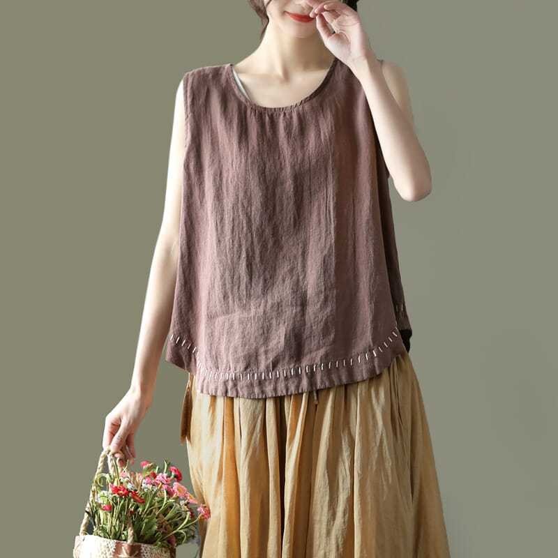 ผ ้ าฝ ้ ายผ ้ าลินินปัก Camisole เสื ้ อกั ๊ กขนาดใหญ ่ ฤดูร ้ อน 2024 Camisole สีทึบแขนกุดสวมใส ่ ด ้ านนอกฐานด ้ านบน
