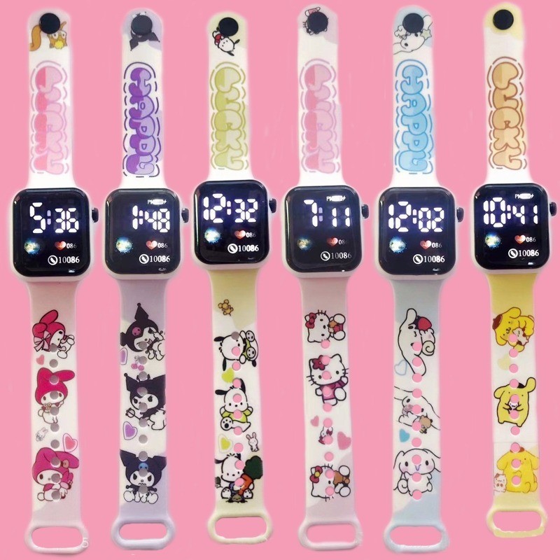 Kawaii Sanrio นาฬิกา Cinnamoroll Melody เด็ก LED Luminous นาฬิกา Kuromi Hello Kitty นักเรียนนาฬิกาข้อมือเด็กของขวัญวันเกิดของเล่น