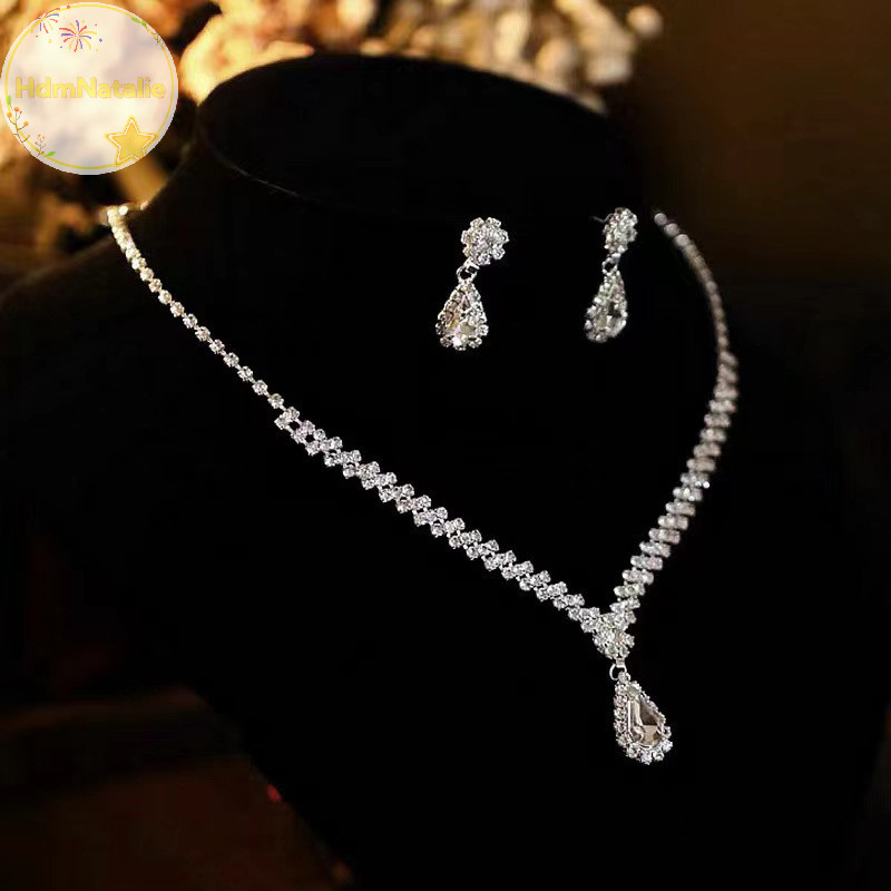 Hdmnatalie 1 ชุดสร้อยคอเจ้าสาวต่างหู Water Drop-รูป Rhinestone เครื่องประดับสไตล์ประกายชุดเครื่องประดับสําหรับงานแต่งงานของขวัญ TH