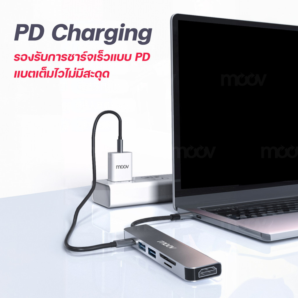 [257บ. โค้ดคุ้ม] Moov HUB04 USB Hub Type C ฮับ 6 in 1 OTG PC Laptop (USB/Type C/HDMI 4K/TF/SD) Card Reader