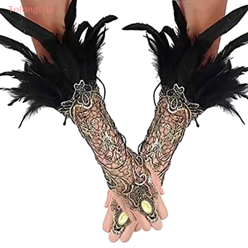 Tolongtrip> ขนนกธรรมชาติทองลูกไม้ถุงมือยาวสร้อยข้อมือผู้หญิงเซ็กซี่ Fingerless ถุงมือโอ้อวด Gothic Lace Fishnet ถุงมืออุปกรณ์เสริมดี
