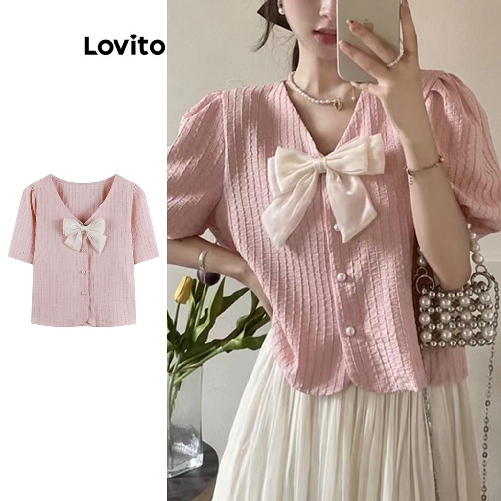 Lovito เสื้อเบลาส์ผู้หญิง แต่งโบว์ สีพื้น สไตล์ลำลอง LNA55341
