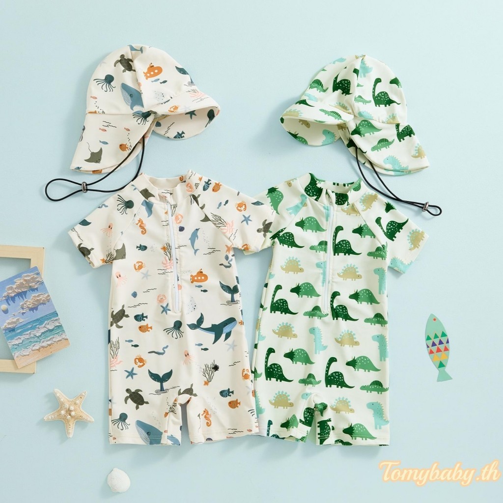 Tomybaby-boys ชุดว่ายน้ําป้องกันแสงแดดแขนสั้น Crewneck พิมพ์สัตว์ซิปชุดว่ายน้ํา + หมวก