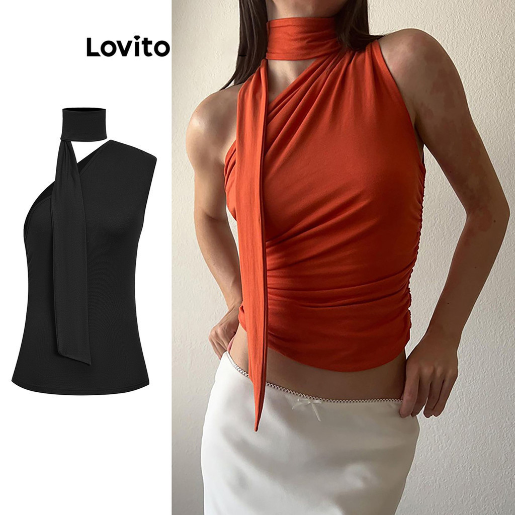 Lovito เสื้อกล้ามผู้หญิง เปิดไหล่ ผูกเชือก สีพื้น สไตล์ลำลอง LNE31196 (หลากสี)