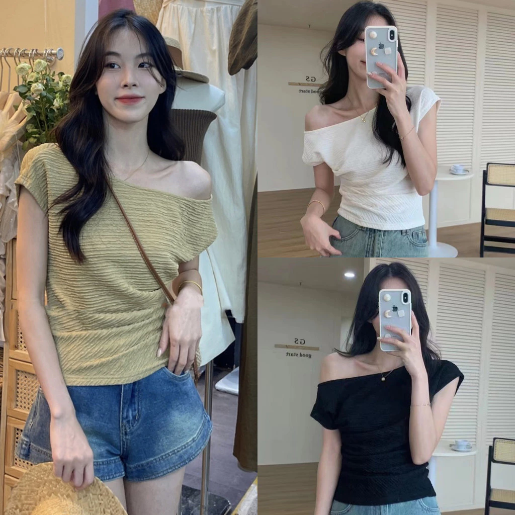 ✨Evelyn✨ครอปแขนสั้น ปิดไหล่ ผ้าจีบ นุ่มสบาย🌟เสื้อยืดผู้หญิง สไตล์เรโทร แฟชั้น ใส่สบาย🎇