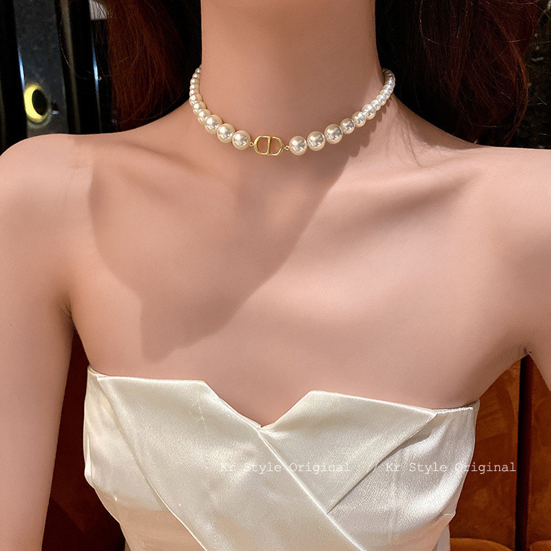 Double D Pearl Retro สร้อยคอผู้หญิงแฟชั่นสร้อยคอสองชิ้นสร้อยข้อมือปรับได้