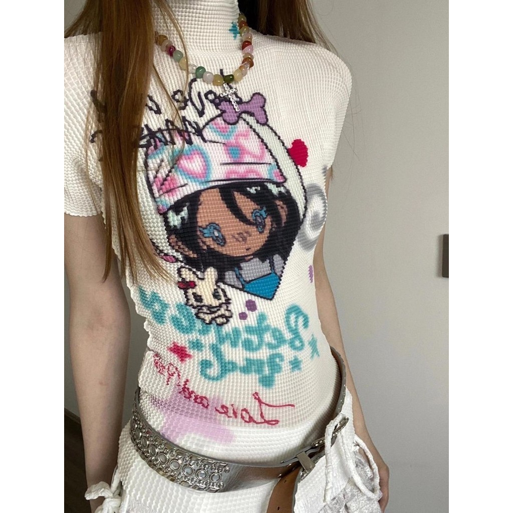 ผู้หญิงแฟชั่นน่ารักการ์ตูนพิมพ์แขนสั้นผอมเสื้อยืด