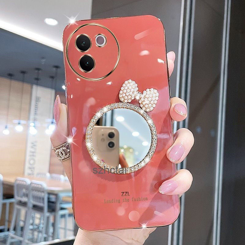เคส Vivo V30E 5G V30 V30Pro V29 V29E V27 V27E เคสโทรศัพท์ชุบหรูหรา ฝาครอบกรณีเชลล์พร้อมกระจกแต่งหน้าโบว์มุก สำหรับสาวๆ เคสโทรศัพท์ Vivo V30E 5G V30 V30Pro V29 V29E V27 V27E