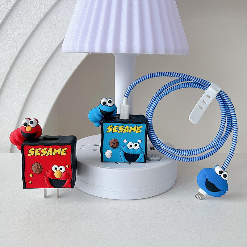 4 IN 1 สายชาร์จฝาครอบป้องกันสําหรับ iPhone 18/20W การ์ตูน Sesame Street ชุดชาร์จอุปกรณ์ป้องกัน