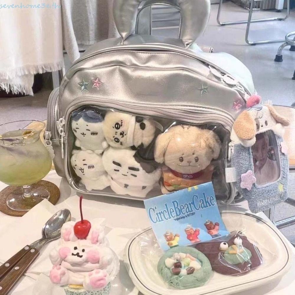 Sevenhome3e ลายสก๊อตสีฟ้า Itabag, กระเป๋าซิป PU กระเป๋าโปร่งใส, ตลกสองวัตถุประสงค์สไตล์เกาหลีกระเป๋าตุ๊กตาผ้าฝ้ายแฟชั่นกระเป๋าเป้สะพายหลังผู้หญิง