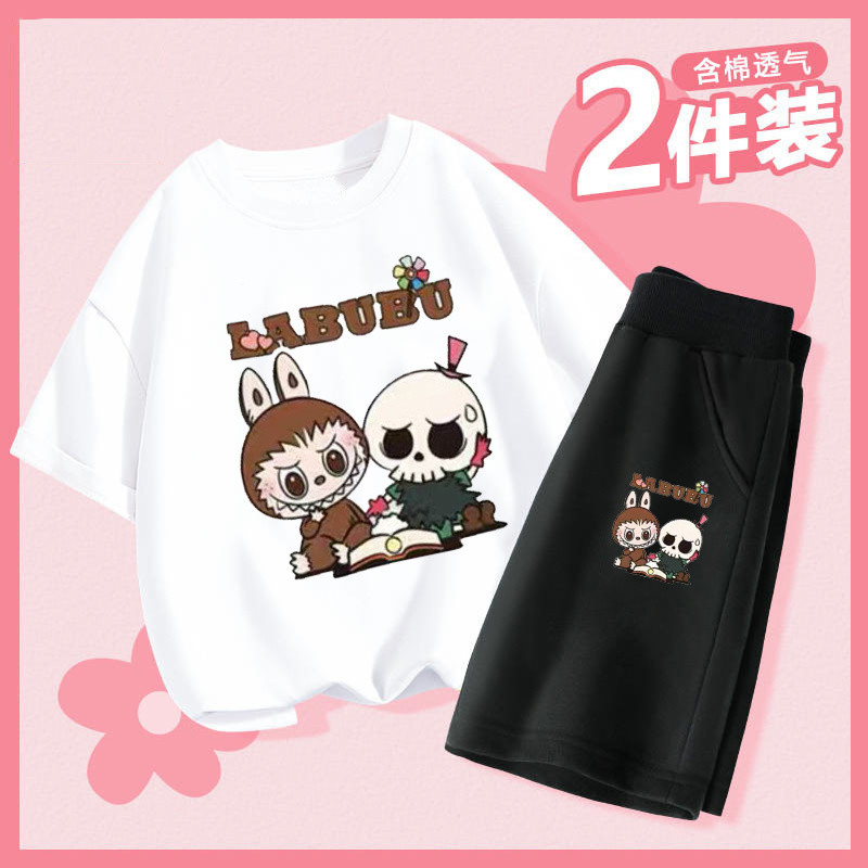 ชุดแขนสั้น Labubu ชุดสองชิ้นสำหรับเด็ก ชุดแฟชั่นใหม่สำหรับฤดูร้อน เสื้อผ้าเด็ก