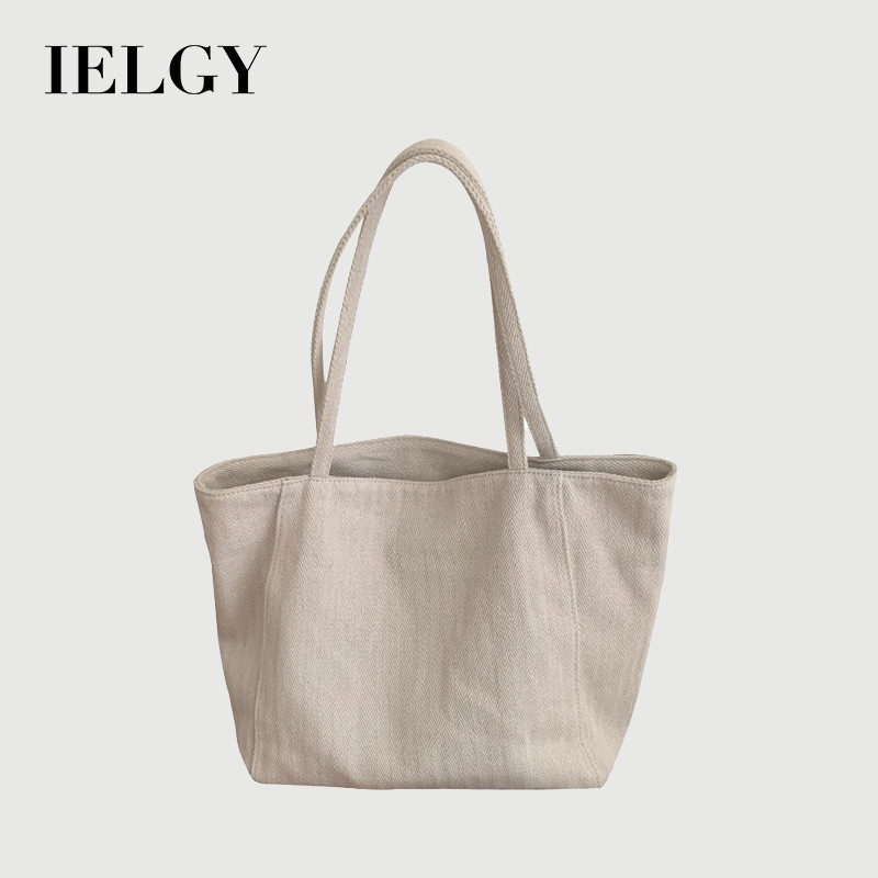 IELGY กระเป๋าโท้ทความจุขนาดใหญ่เวอร์ชั่นเกาหลีสิ่งทอลายทแยงผ้าใบกระเป๋าพร็อพไหล่แบบพกพาสบายๆกระเป๋าหญิง