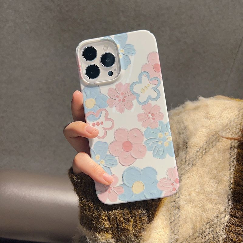 ภาพวาดสีน้ำมันสีฟ้าสีชมพูสำหรับ iPhone 12PROMAX 14Pro เคสแข็งป้องกันการต่อต้าน11 15PROMAX 16pro XS XR ซิลิโคน13PROMAX 15pro 7เคสโทรศัพท์กันกระแทก8 xsmax 13pro 15/16 PROMAX