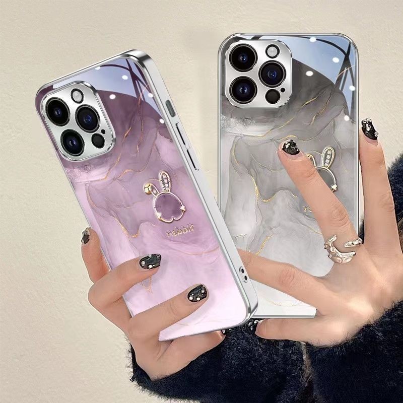 กันกระแทก Hard ปลอก Electroplated กระต่ายกระจกนิรภัยเคสโทรศัพท์สําหรับ iPhone 16 ProMax 16 Pro 15Pro 15 14 8 7 16Plus 13 12 Mini 11 ProMax X XR XS Max 15Plus 14Plus 17Pro
