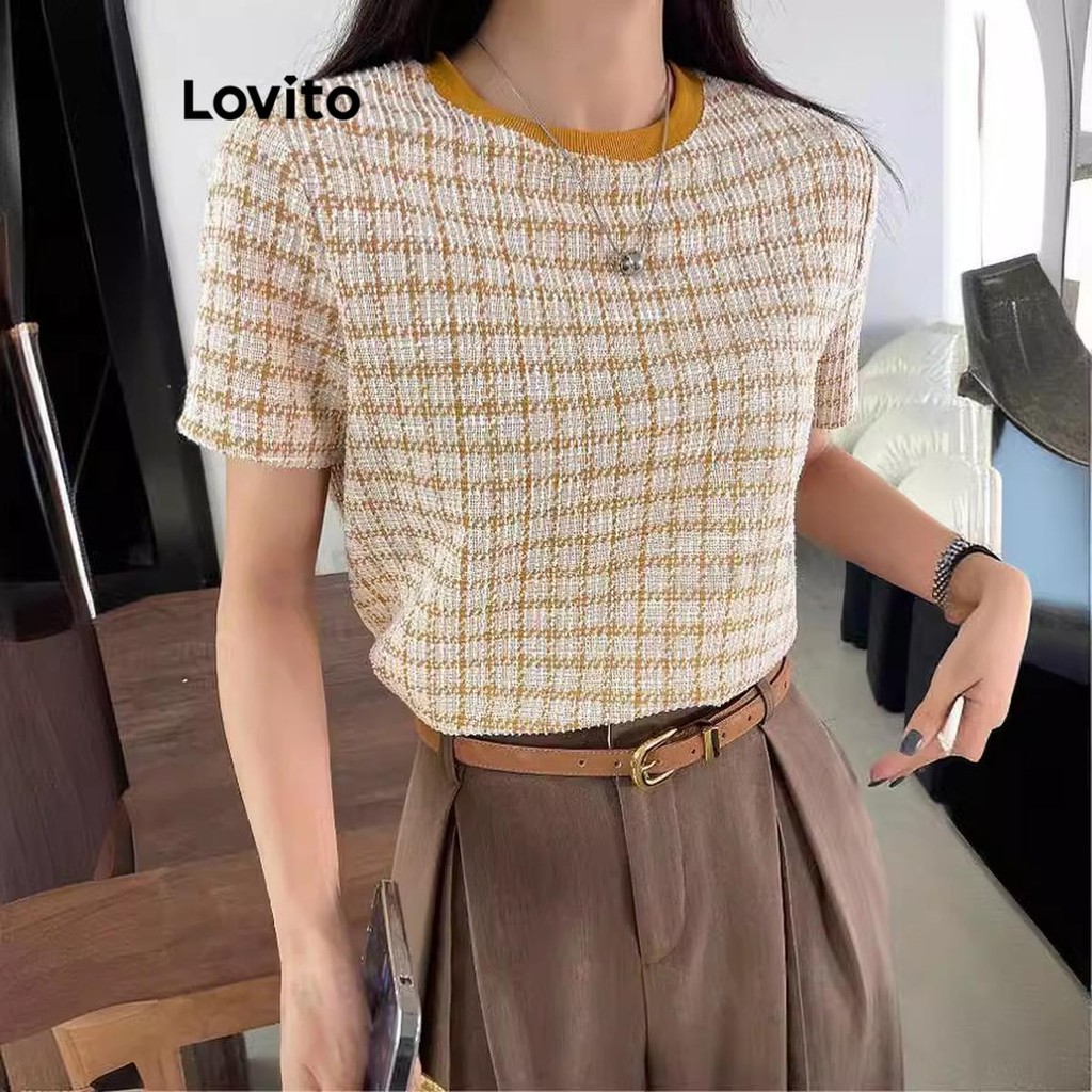 Lovito เสื้อเบลาส์ลาย ลายกิงแฮมลำลองสำหรับผู้หญิง LMD81300