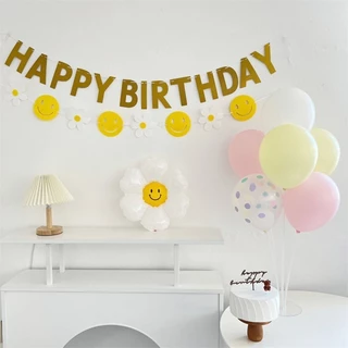 หน้ายิ้ม ป้ายผ้าแบนเนอร์ ป้ายผ้าวันเกิด ฉากหลังวันเกิด Happy Birthday ป้ายวันเกิด ของตกแต่งปาร์ตี้ สำหรับปาร์ตี้วันเกิด