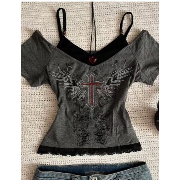 X-orange Hot Rhinestone Cross ปลอมสองชิ้น Top Asian Culture Punk Rock เสื้อยืดแขนสั้นฤดูร้อนสไตล์ใหม่เสื้อผ้าผู้หญิงลําลอง