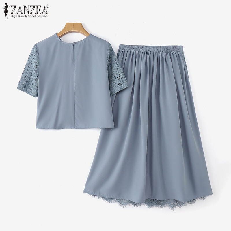 Zanzea ผู้หญิงแขนสั้นลําลองลูกไม้ Patchwork A-Line กระโปรงฤดูร้อนชุดสองชิ้น — صورة 6