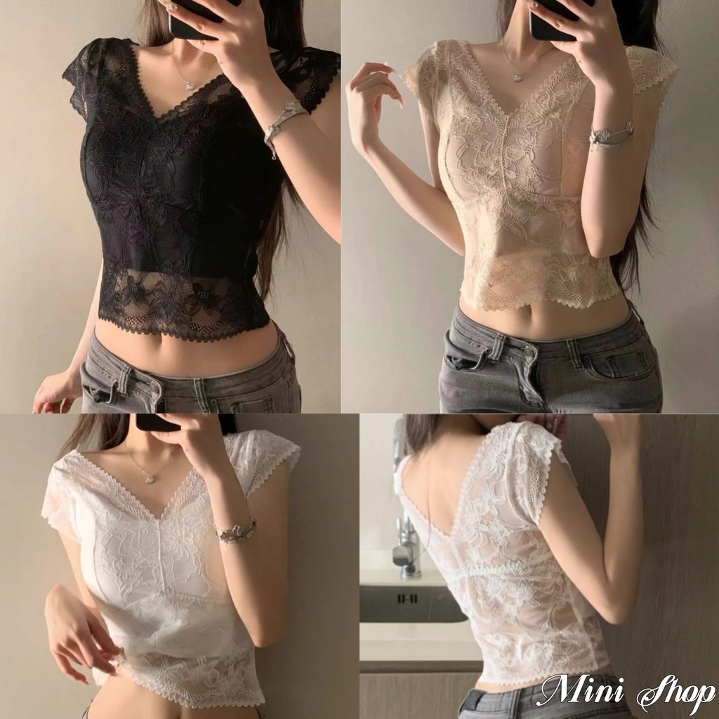 Mini shop🌸พร้อมส่ง🌸(FY2603)เสื้อกล้ามลูกไม้ ผ้านุ่มนิ่มมาก มีฟองน้ำในตัว ยืดตามตัวสีพื้น
