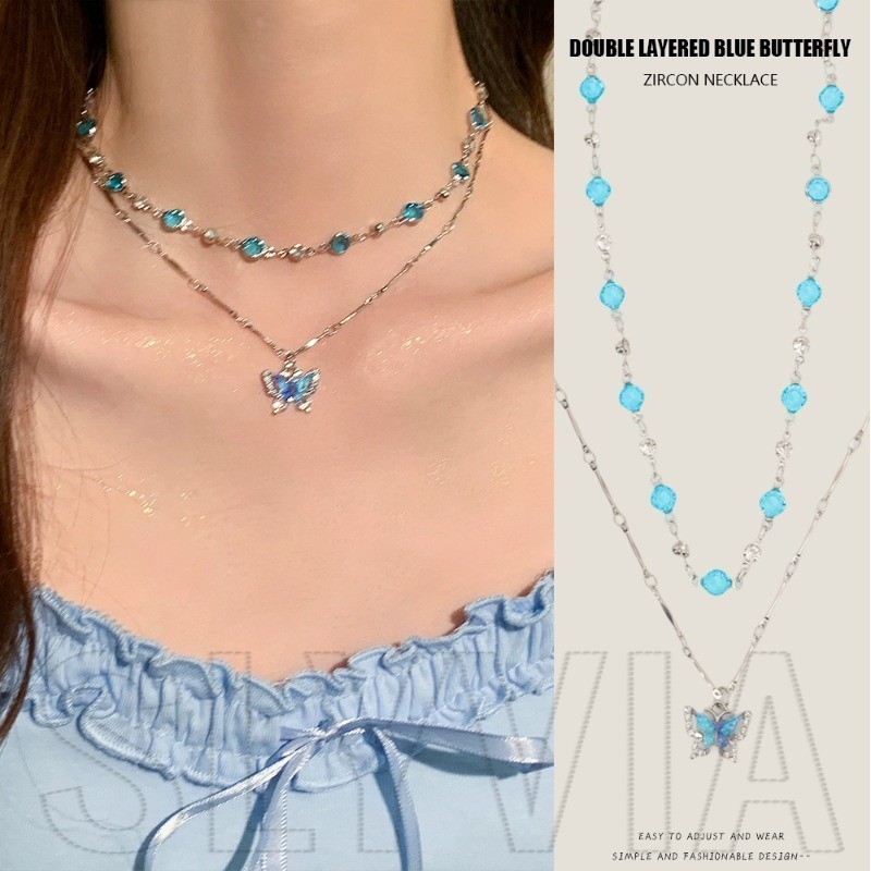 สร้อยคอผีเสื้อสองชั้น พร้อมชาร์มพลอยสีฟ้า ในสไตล์บาร็อค ย2เค เครื่องประดับหรูหรา