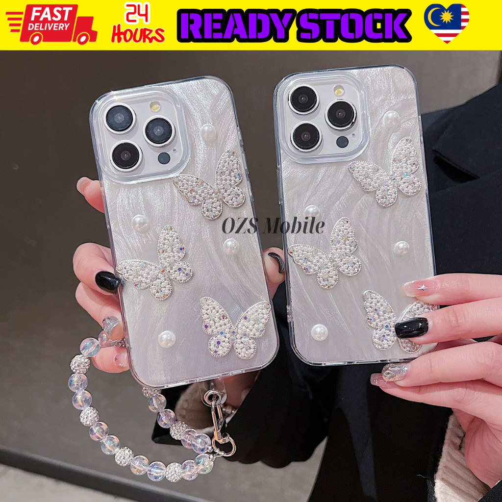 Oppo A5 Pro A15 A15s A16 A17 A17k A18 A31 A53 2020 glam ผีเสื้อมุกข้อมือโซ่ feather ปลอก fon sarung