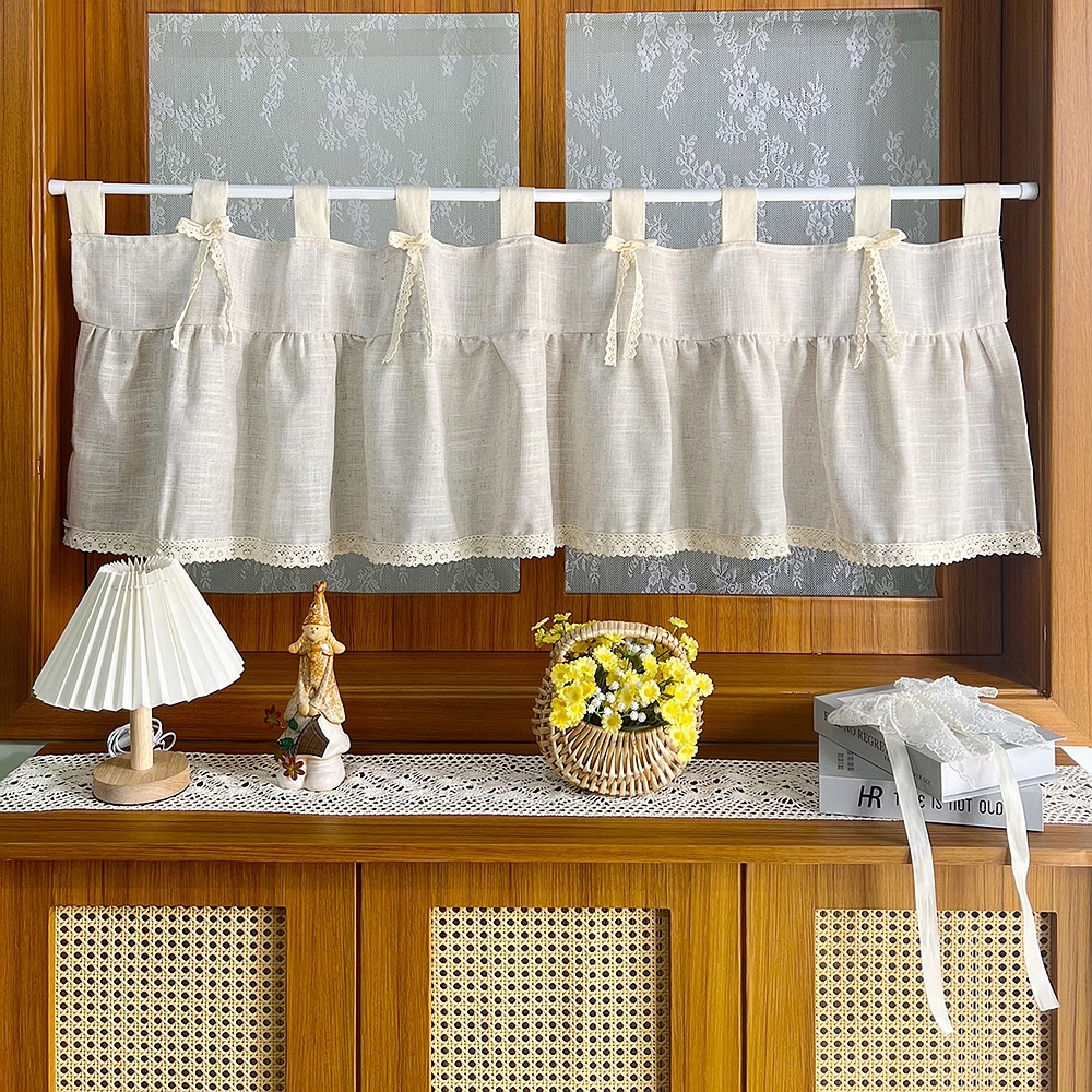 การออกแบบบ้านไร่ Boho Sheer ผ้าม่านสั้น Ruffled ห้องครัว Valance สําหรับ Cafe หน้าต่างขนาดเล็กผ้าลินินดู Bohemian Neutral ผ้าม่าน Topper Tab Top