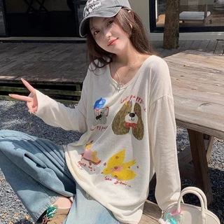 Suysuy พร้อมส่ง เสื้อยืด แขนยาว ทรงคอกว้าง งานผ้าฝ้าย บางๆ แต่งสกรีนลายการ์ตูน น่ารักมาก ใส่ได้หลายแบบ สำหรับผู้หญิง