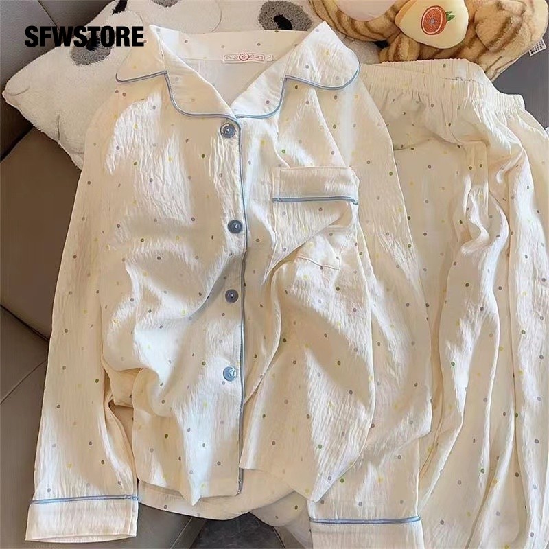 FDS Yunduo ชุดนอนผ้าฝ้ายผู้หญิงกางเกงขายาวคาร์ดิแกนแอปริคอทลายจุดหวานฤดูใบไม้ร่วงนักเรียนชุดบริการที