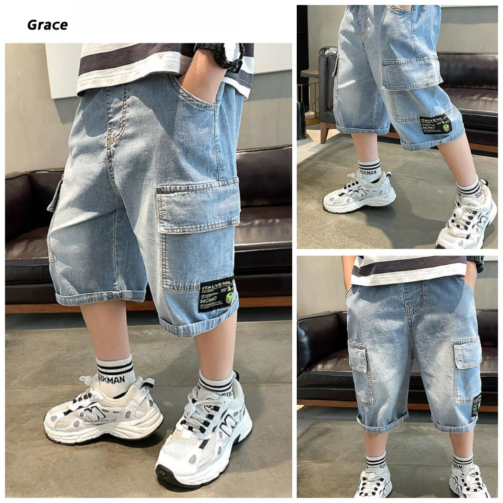 [Grace]🌊สงกรานต์2025🔥 กางเกงยีนส์ขาสั้นสำหรับเด็กผู้ชาย🔥เด็ก Workwear กางเกงห้าส่วนหลวมสะดวกสบายสำหรับการเดินทางสวมใส่ไปโรงเรียน..GR735#
