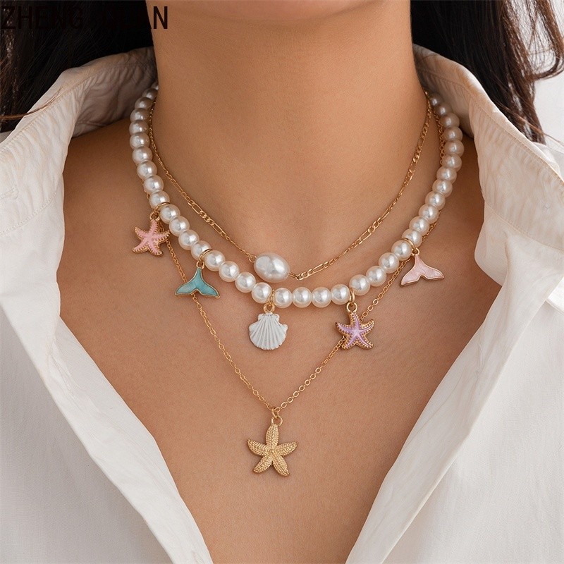 Bohemian ปลาดาวที่มีสีสัน Conch สร้อยคอ Pearl Statement สร้อยคอผู้หญิงเครื่องประดับแฟชั่น Boho ของขวัญวันหยุด 18k Gold Plated อุปกรณ์เสริมปรับ