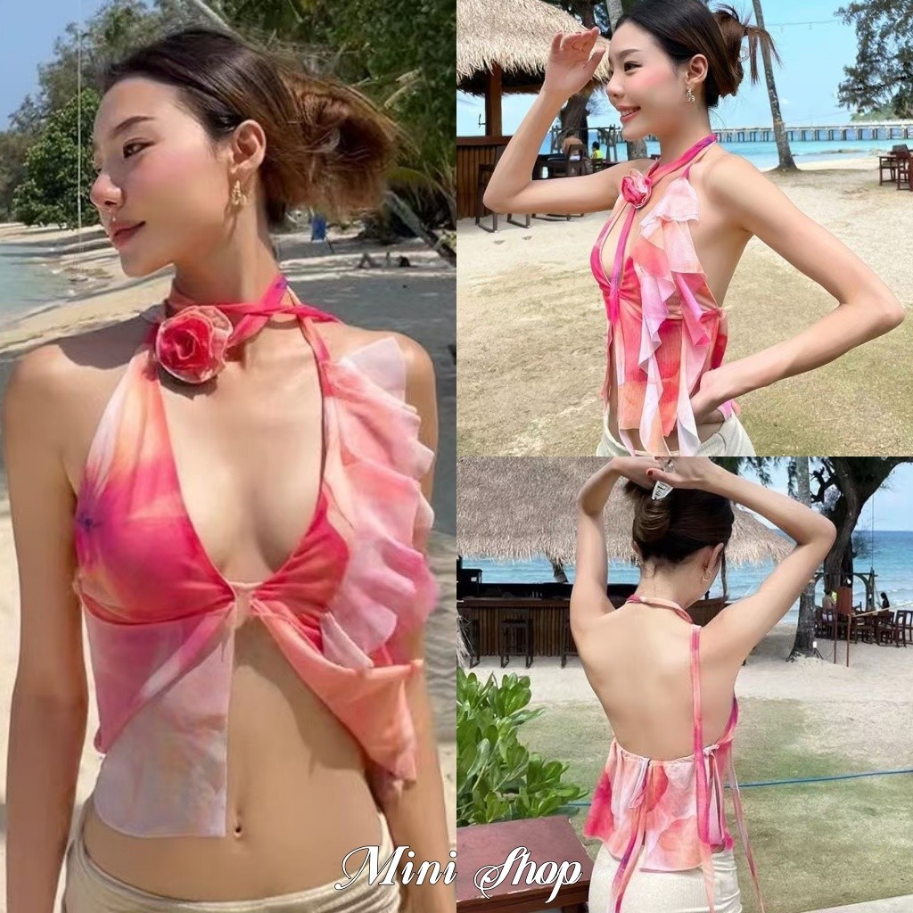 Mini shop พร้อมส่ง (FY2596) เสื้อสายเดี่ยว ลายมัดย้อมสีชมพู ผ้าทิ้งตัวพริ้วๆ เซ็กซี่ แขนกุด