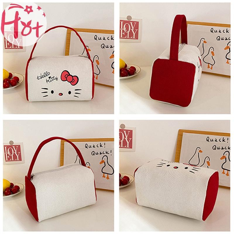 Ge อะนิเมะ Sanrio กระเป๋าถือผ้าใบ Kawaii Hello Kitty กระเป๋าแต่งหน้าการ์ตูนแบบพกพาขนาดใหญ่ความจุกระเป๋าเก็บเครื่องสําอางสาวของขวัญสแควร์