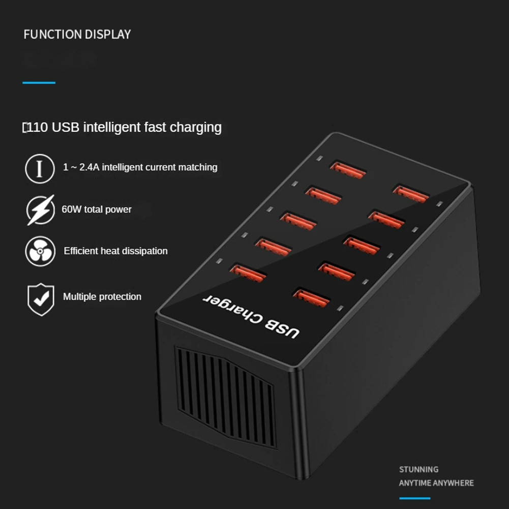 ALASICKA USB Hub Charger 10 Multi Port Type C 5V/2.4A 60W EU Plug - YC-A6 - Tinari