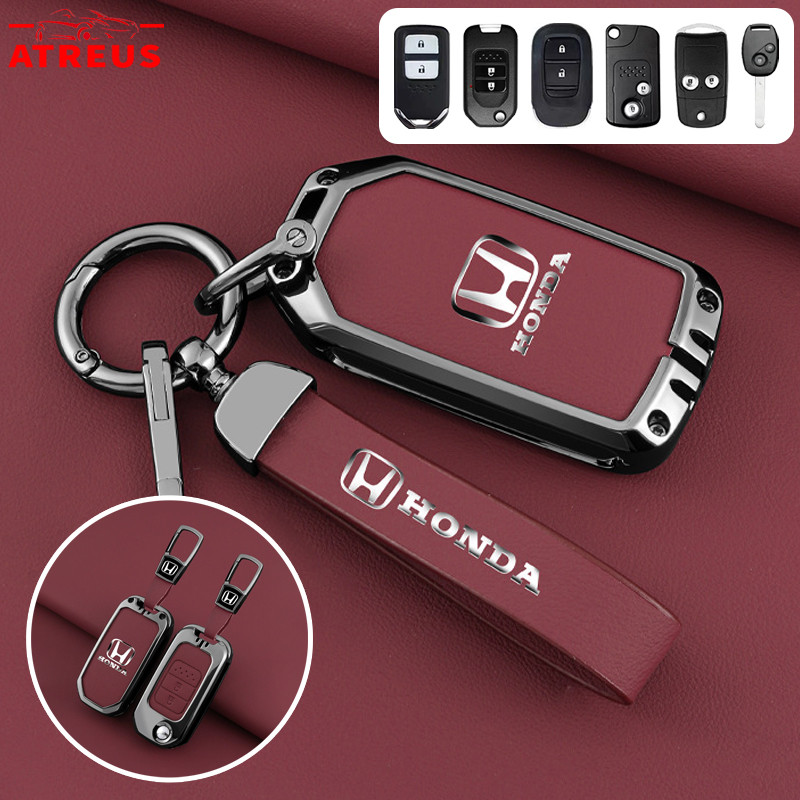 เคสกุญแจเหมาะสำหรับ Honda สีแดง พวงกุญแจ เคสป้องกันรอยกุญแจ หนังโลหะผสมสังกะสีฝาครอบ Full Wrap ฝาครอบกุญแจ สำหรับ Honda civic 11th gen fd fc eg fk HRV Jazz City Mugen Fit Vezel Accord BRV WRV Stream